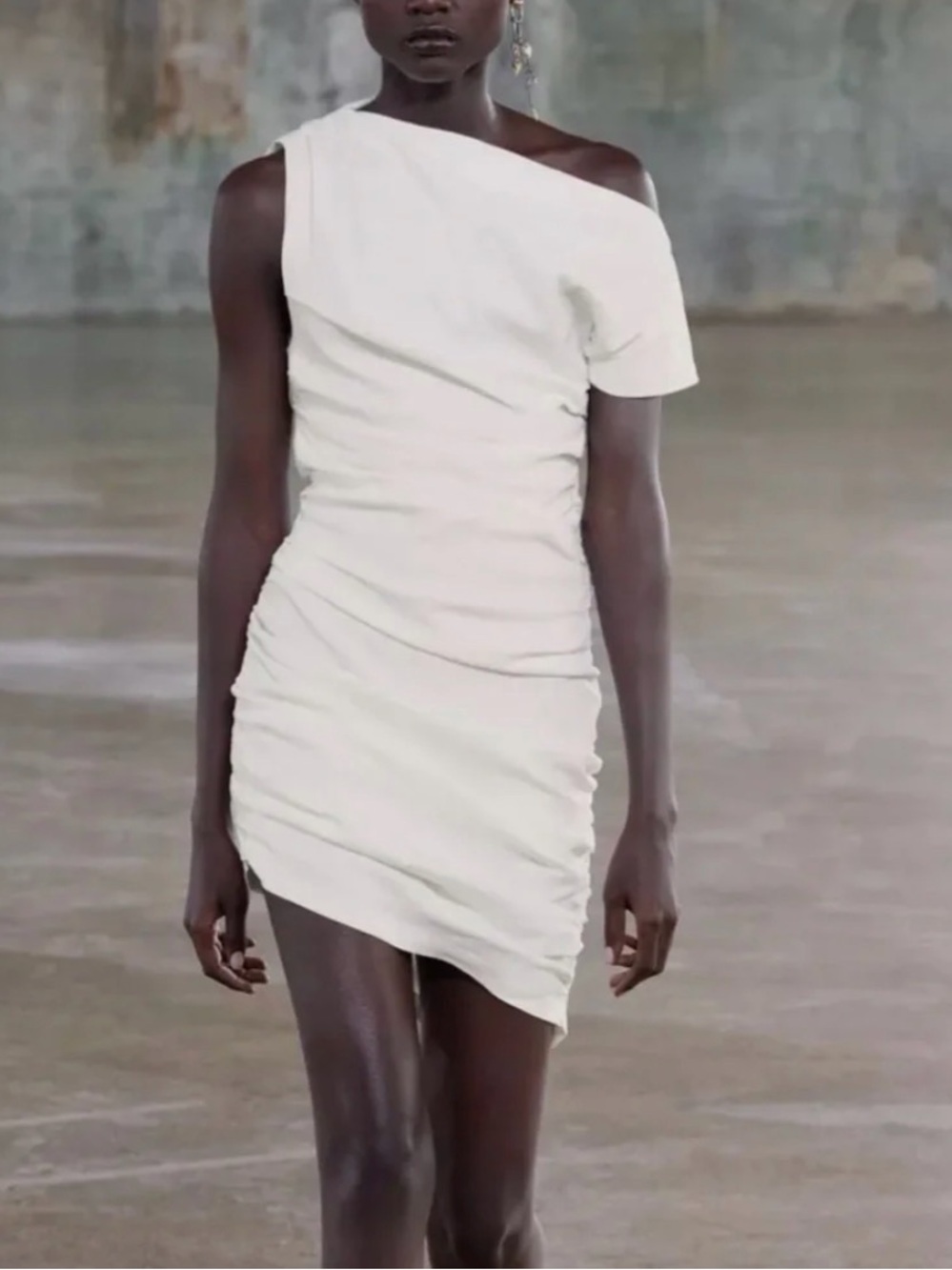 Zara White One-Shoulder Ruched Mini Dress XS